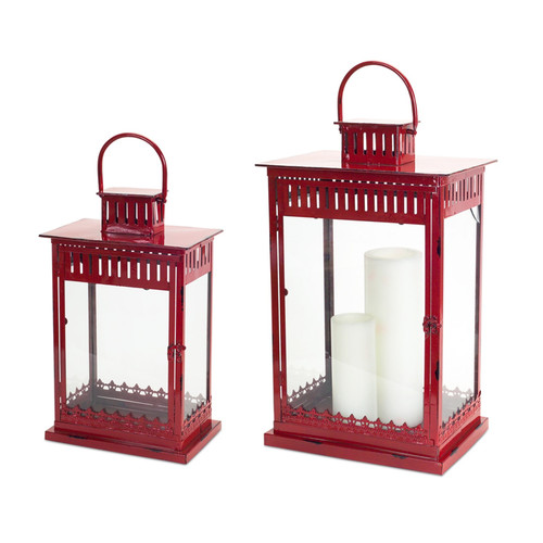 Set of 2 Crimson Red Distressed Vented Pillar Candle Lanterns 20" - 25"