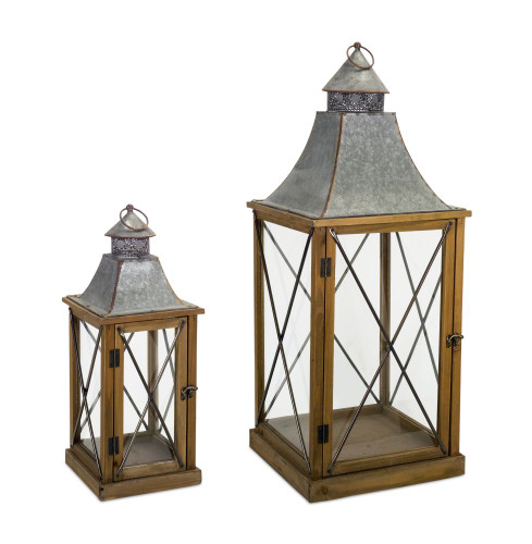 Set of 2 Gray and Brown Distressed Wood Finish Lantern with Handle and Glass Sides 33.5"
