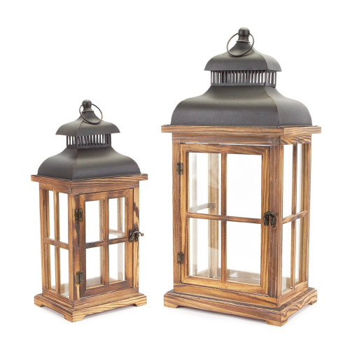 Set of 2 Brown and Black Distressed Pillar Candle Lanterns 23"