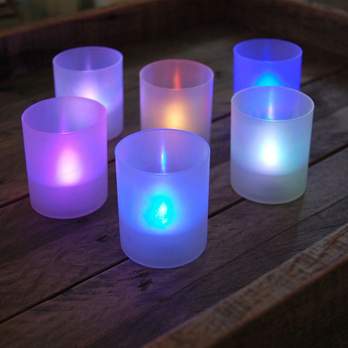 Set of 6 Color Changing LED Lights Battery Operated in Frosted Outdoor Votive Holders