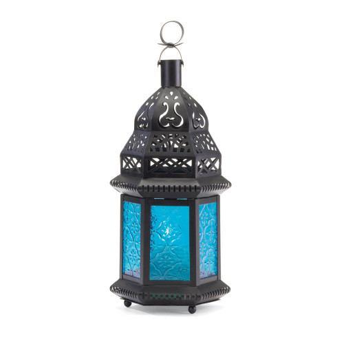 8.5" Blue and Black Moroccan Hanging Candle Lantern - Add Elegance and Radiance to Your Space