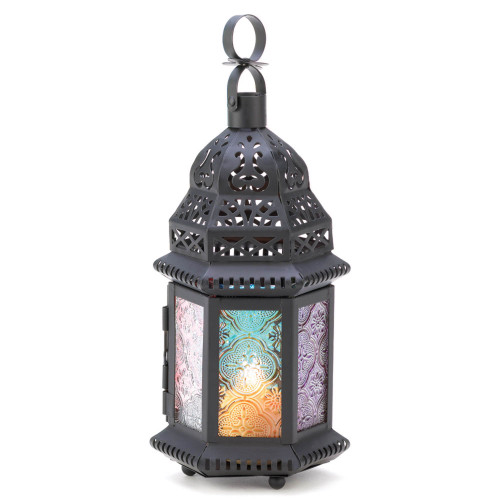 8.5" Black and Green Rainbow Moroccan Hanging Candle Lantern