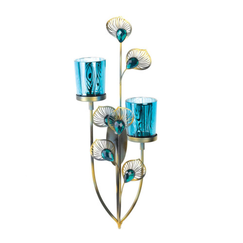 14" Blue and Gold Peacock Plume Candle Wall Sconce - Stunning and Versatile Lighting Decor