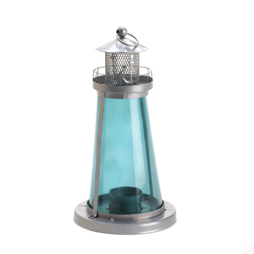 10" Blue and Silver Contemporary Lighthouse Candle Lantern - Illuminate Your Space with Style