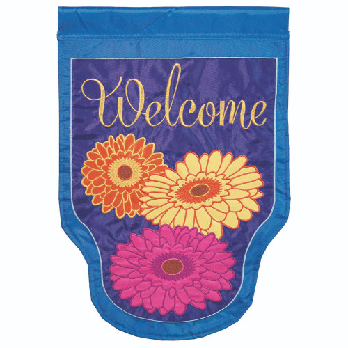 Blue and Pink Double Applique Gerberas Welcome Outdoor Garden Flag 18" x 13"