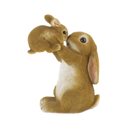 Playful Mom with Baby Rabbit Outdoor Garden Figurine - 8" - Brown and White