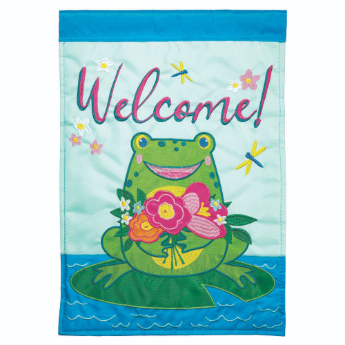 Double Applique Frog Welcome Outdoor Garden Flag - 18" x 13" - Green and Blue