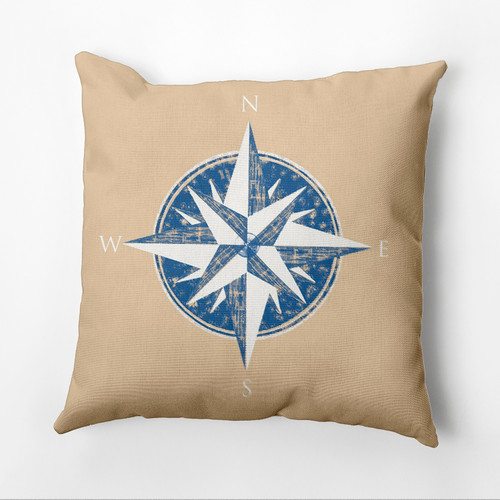 20" x 20" Brown and Blue Compass Nautical Outdoor Throw Pillow