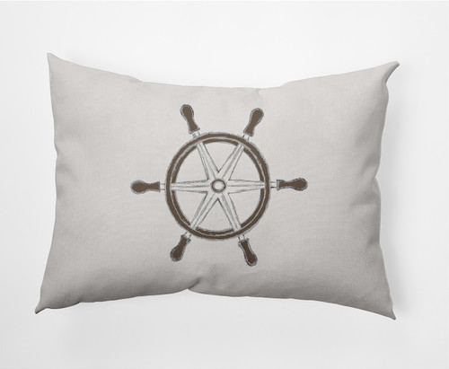 14" x 20" Ivory and Brown Ship Wheel Rectangular Outdoor Throw Pillow
