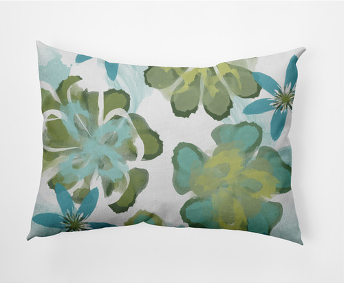 14" x 20" Green and Blue Ani Flower Rectangular Outdoor Throw Pillow