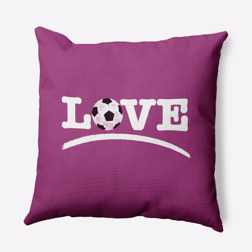 16" x 16" Purple and White Love Soccer Square Outdoor Throw Pillow