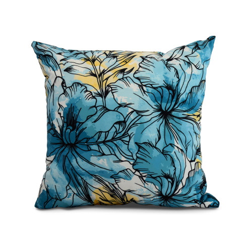 20" Teal Blue and Yellow Square Outdoor Throw Pillow with Zentangle Floral Design