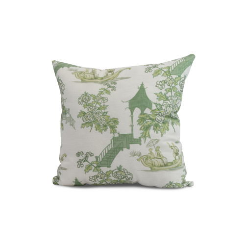 16" x 16" White and Green Oriental Floral Outdoor Throw Pillow