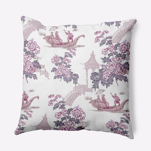 20" x 20" White and Purple Oriental Floral Outdoor Throw Pillow