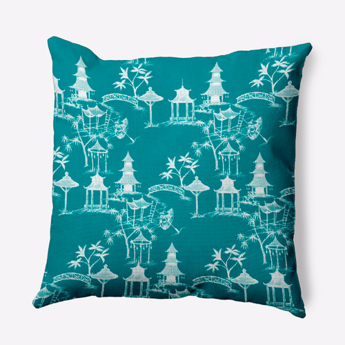 Oriental Palm Trees Outdoor Patio Throw Pillow - 16" - Teal Blue and White