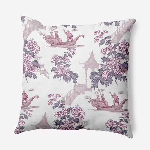18" x 18" White and Purple Oriental Floral Outdoor Throw Pillow