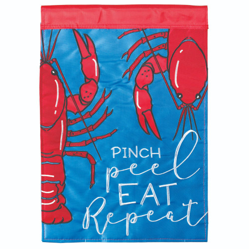 Title: Blue and Red "PINCH peel EAT repeat" Printed Outdoor Garden Flag 18"x13"