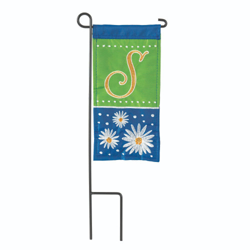 Blue and Green Double Applique Daisy Monogram S Outdoor Garden Flag with Pole 8.5" x 4"