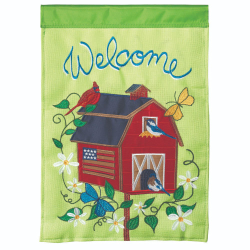 Title: Green and Red "Welcome" Barn Birdhouse with Floral Printed Garden Flag 18"x13"