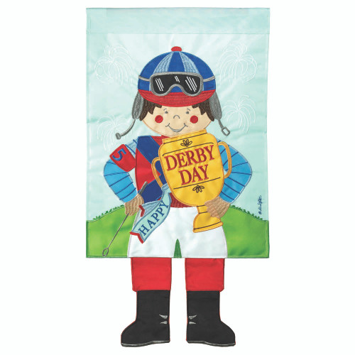 Yellow and Blue Jockey Themed Outdoor Garden Flag - Happy Derby Day!