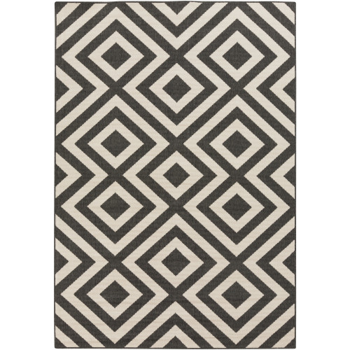 5.75' x 8.75' Black and White Geometric Machine Woven Rectangular Outdoor Area Throw Rug