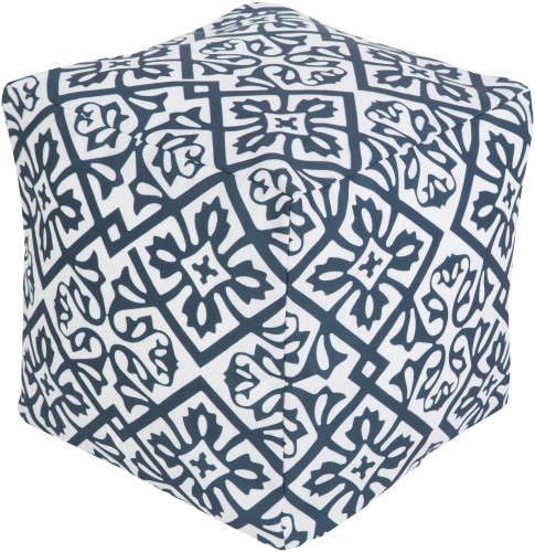 18" Cobalt Blue and Ivory Floral Star Square Outdoor Patio Pouf Ottoman