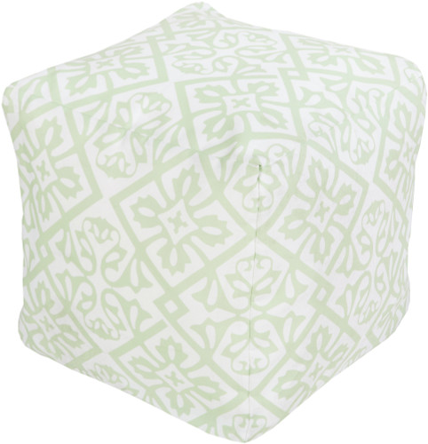 18" Light Green and Antique White Floral Star Square Outdoor Patio Pouf Ottoman