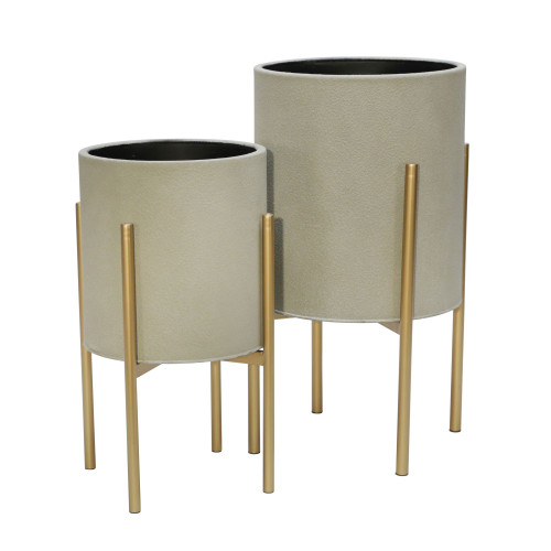 Set of 2 Putty Gray and Gold Solid Outdoor Planter on Stand 23"