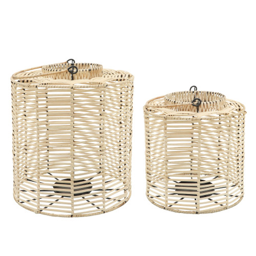Set of 2 Brown and Black Rattan Hurricane Candle Holders 18"