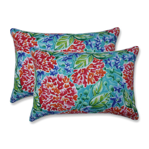 Set of 2 Pink and Blue Floral UV Resistant Outdoor Patio Over Sized Rectangular Throw Pillows 24.5"