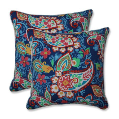 Set of 2 Navy Blue and Red Paisley Patio Square Throw Pillows 18.5"