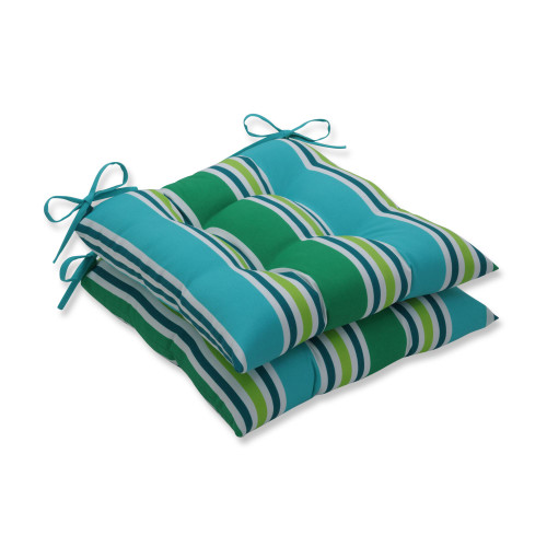 Set of 2 Blue and Green Striped Outdoor Patio Tufted Seat Cushions with Ties 19"