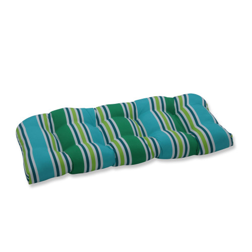 44" Blue and Green Striped UV Resistant Outdoor Patio Tufted Wicker Loveseat Cushion