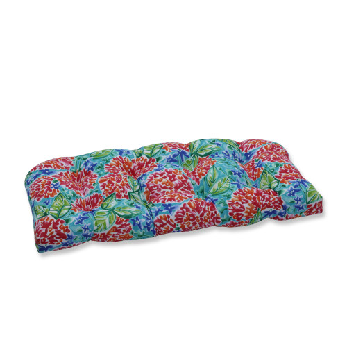 Floral Outdoor Patio Tufted Wicker Loveseat Cushion - 44" - Green and Pink