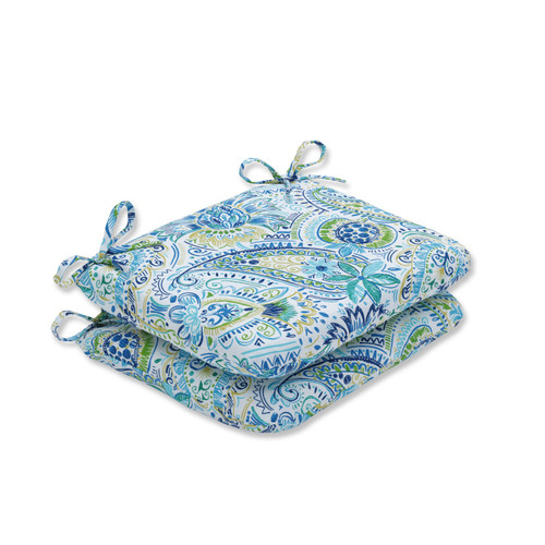 Paisley Outdoor Rounded Seat Cushions - 18.5" - Gilford Baltic Blue and Green - Set of 2