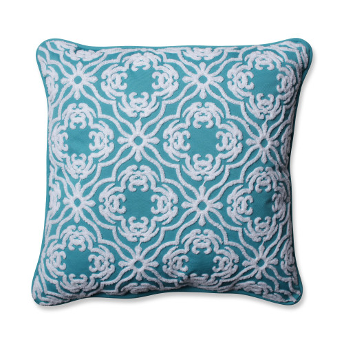 18" Teal Blue and White Embroidered Square Outdoor Throw Pillow