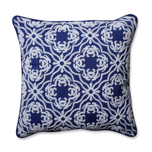 18" Cobalt Blue and White Embroidered Square Outdoor Throw Pillow