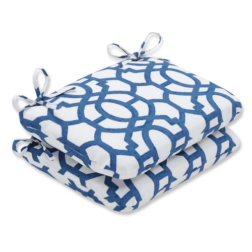 Set of 2 Imperial Blue Grecian Trellis Reversible Outdoor Patio Rounded Chair Cushion 18.5"