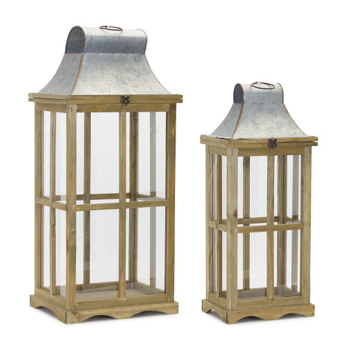 Set of 2 Light Brown Wood Lanterns 29.5" - Elegant Candlelight Décor for Any Room