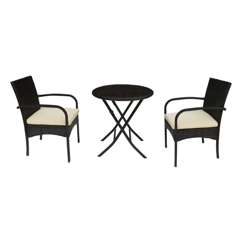 3-Piece Brown Wicker Outdoor Furniture Patio Bistro Set - Cream White Cushions