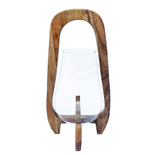 15" Brown Decorative Mango Wood Candle Lantern with Handle