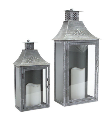 Set of 2 Brushed Metal Wall Mounted Rustic Gray Pillar Candle Lanterns