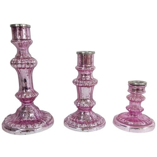 Set of 3 Shiny Pink Antique Style Taper Candleholders 9.5"