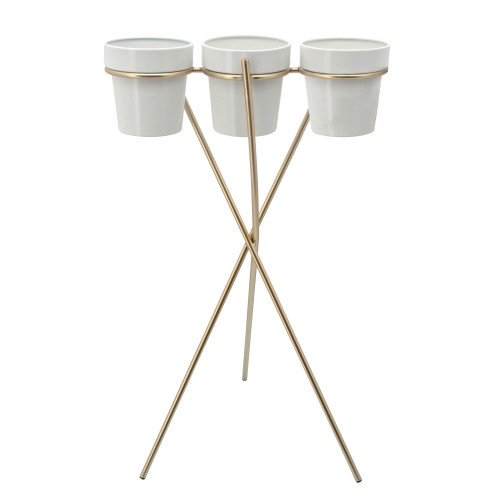 26" White Solid 3-Cup Planter on Gold Stand