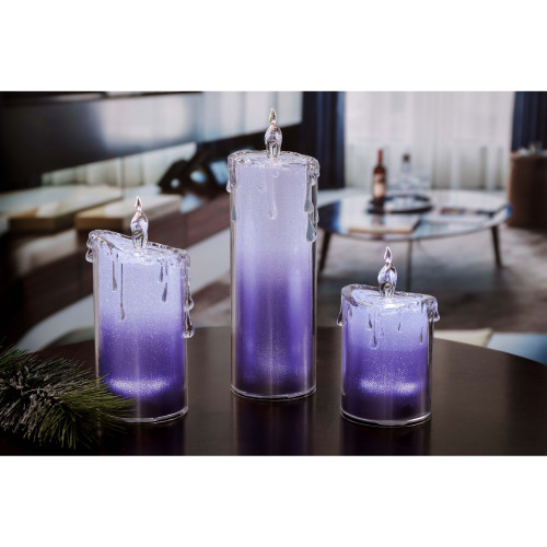 Set of 3 White and Purple Glitter LED Lighted Candles 9.5"