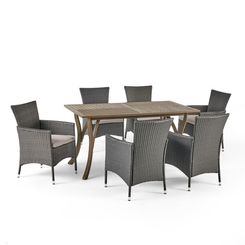 7 Piece Brown and Gray Wood and Wicker Patio Dining Set with Silver Cushions 24"