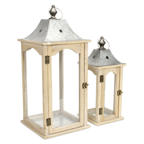 Set of 2 Brown and Clear Rustic Lantern with Metal Roof 23"