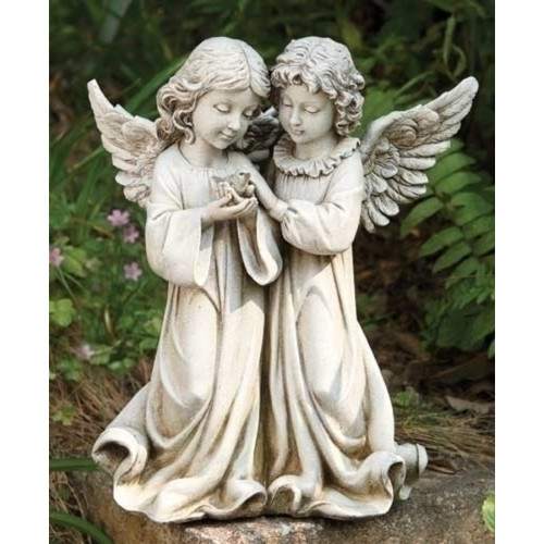 Angels with Bird Outdoor Garden Statues - 12.25" - Gray - Set of 2