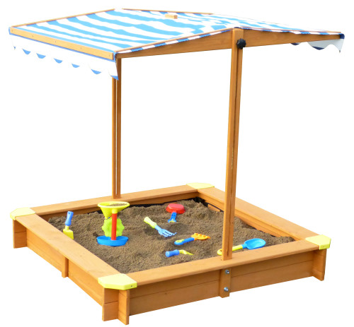 3.75' Wooden Sandbox with Blue and White Striped Canopy