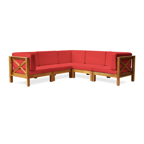 5-Piece Brown Contemporary Outdoor Furniture Patio Sectional Sofa Set - Red Cushions